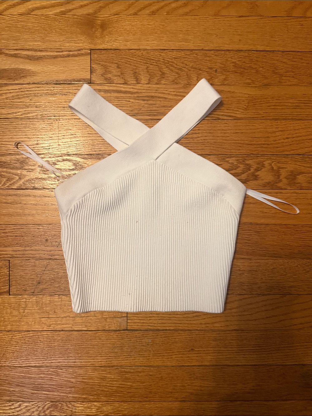 Babaton White Ribbed Cross-Strap Crop Top